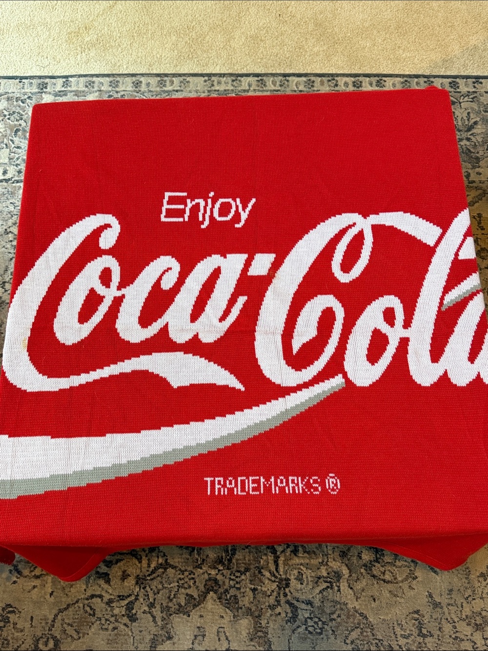 VTG Coca-Cola Logo Knits Woven Throw Blanket Red White Jacquard Fringe 53X50